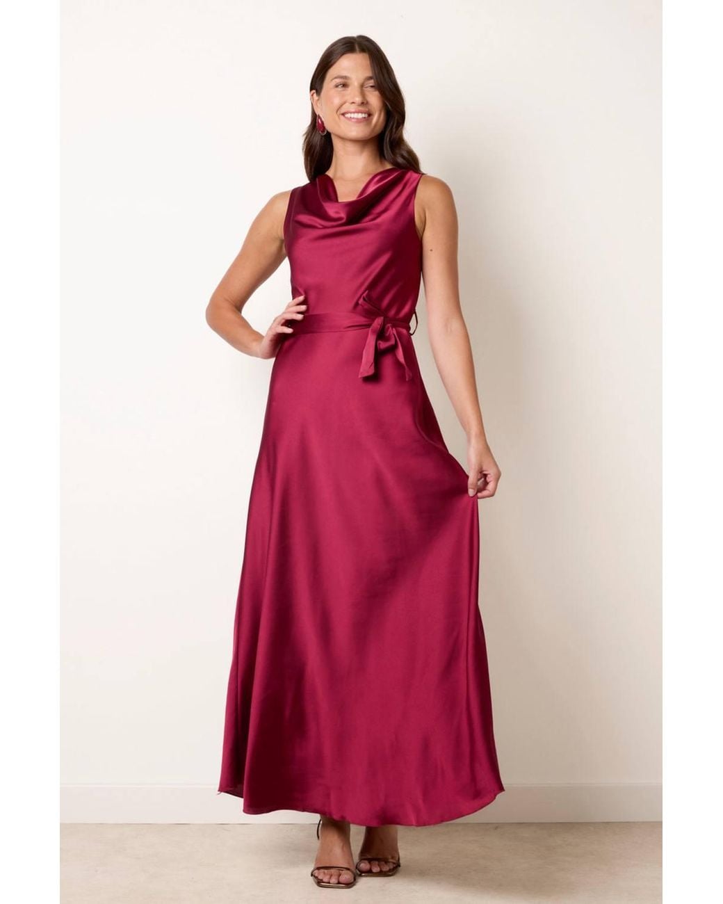 Blue Vanilla Red Sleeveless Belted Cowl Neck Maxi Dress