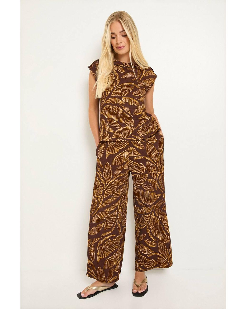 Wallis Natural Petite Palm Jersey Contrast Elasticated Waist Trouser