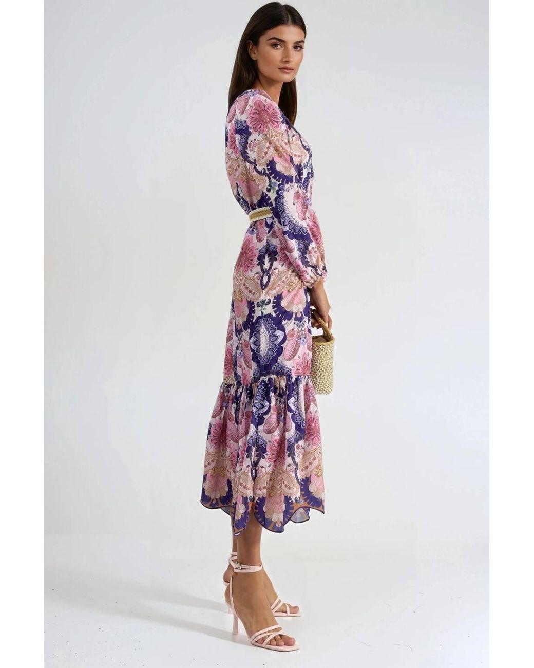 Msn-Collection Red Belted Paisley Patterned Midi Dress
