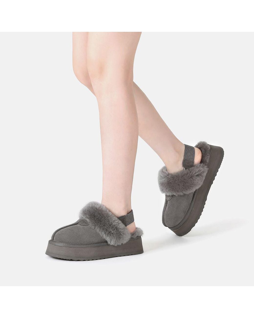 EverAu Australia Gray Real Sheepskin Wagtail Removable Strap Platform Slippers With Eva Sole
