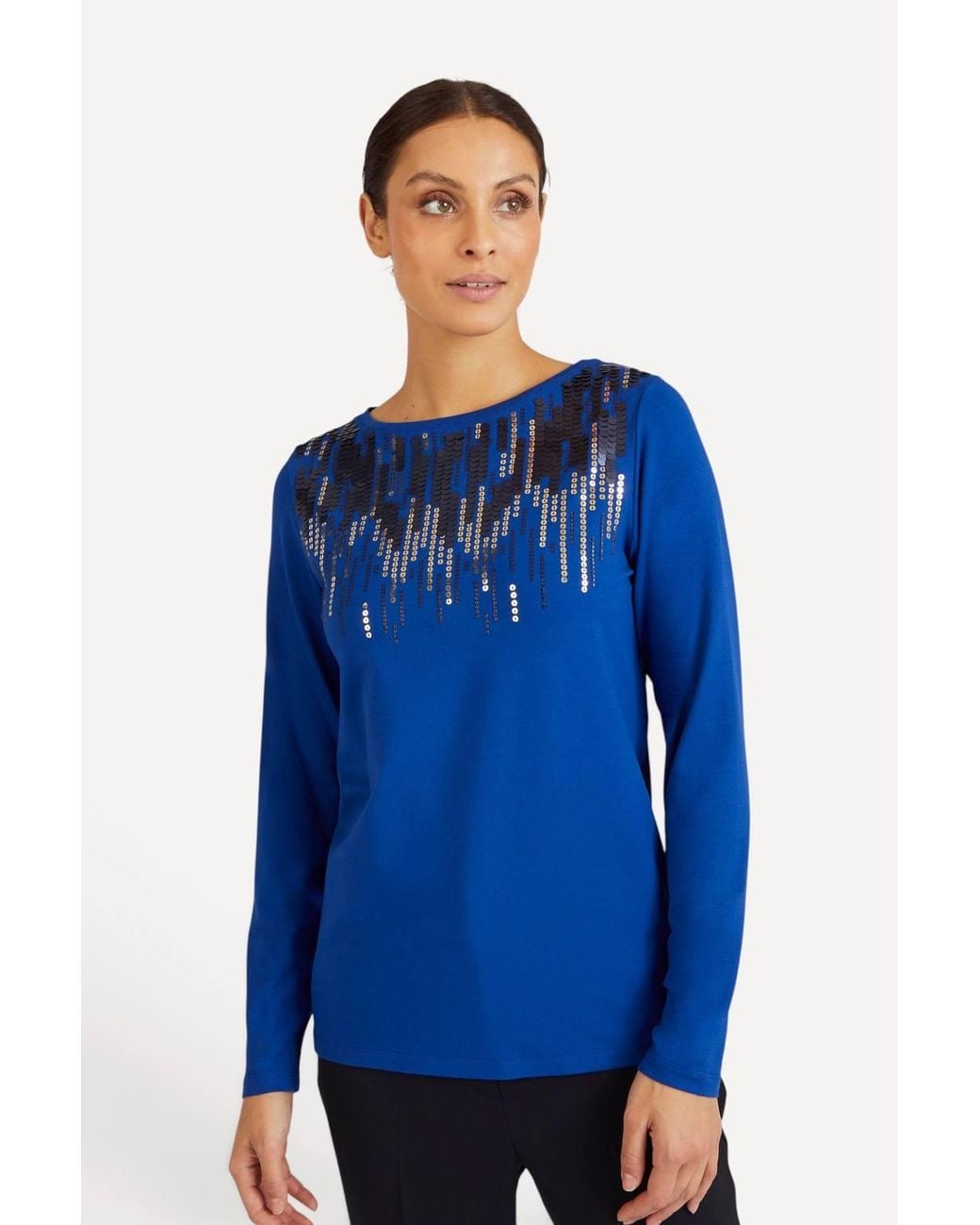 DAMART Blue Sequin Top, Boat Neckline, Regular Fit