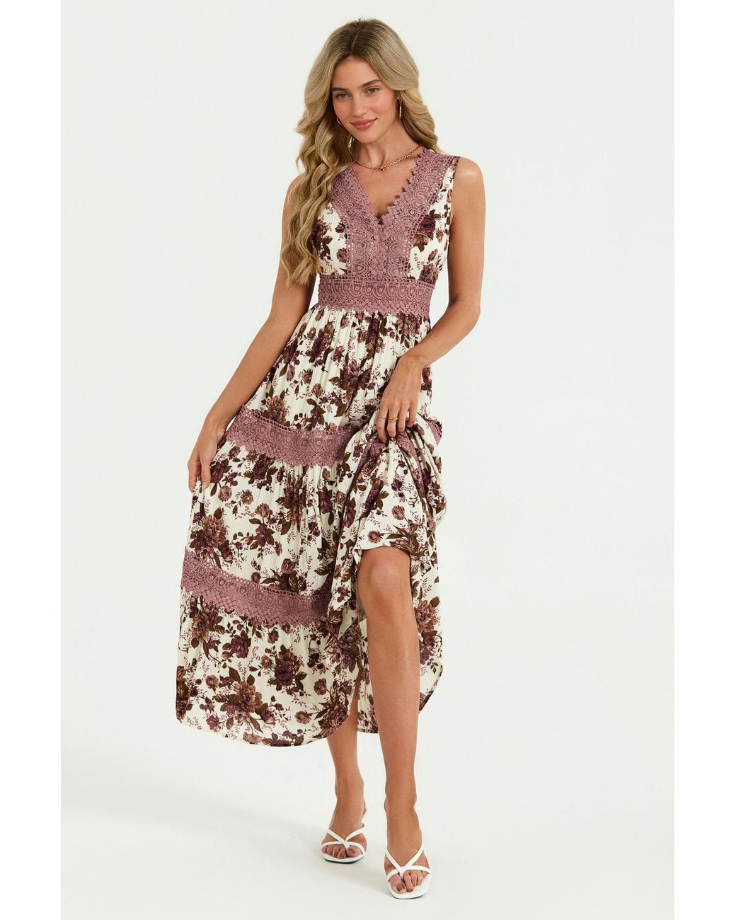 FS Collection White Floral Print Lace Detail Maxi Dress
