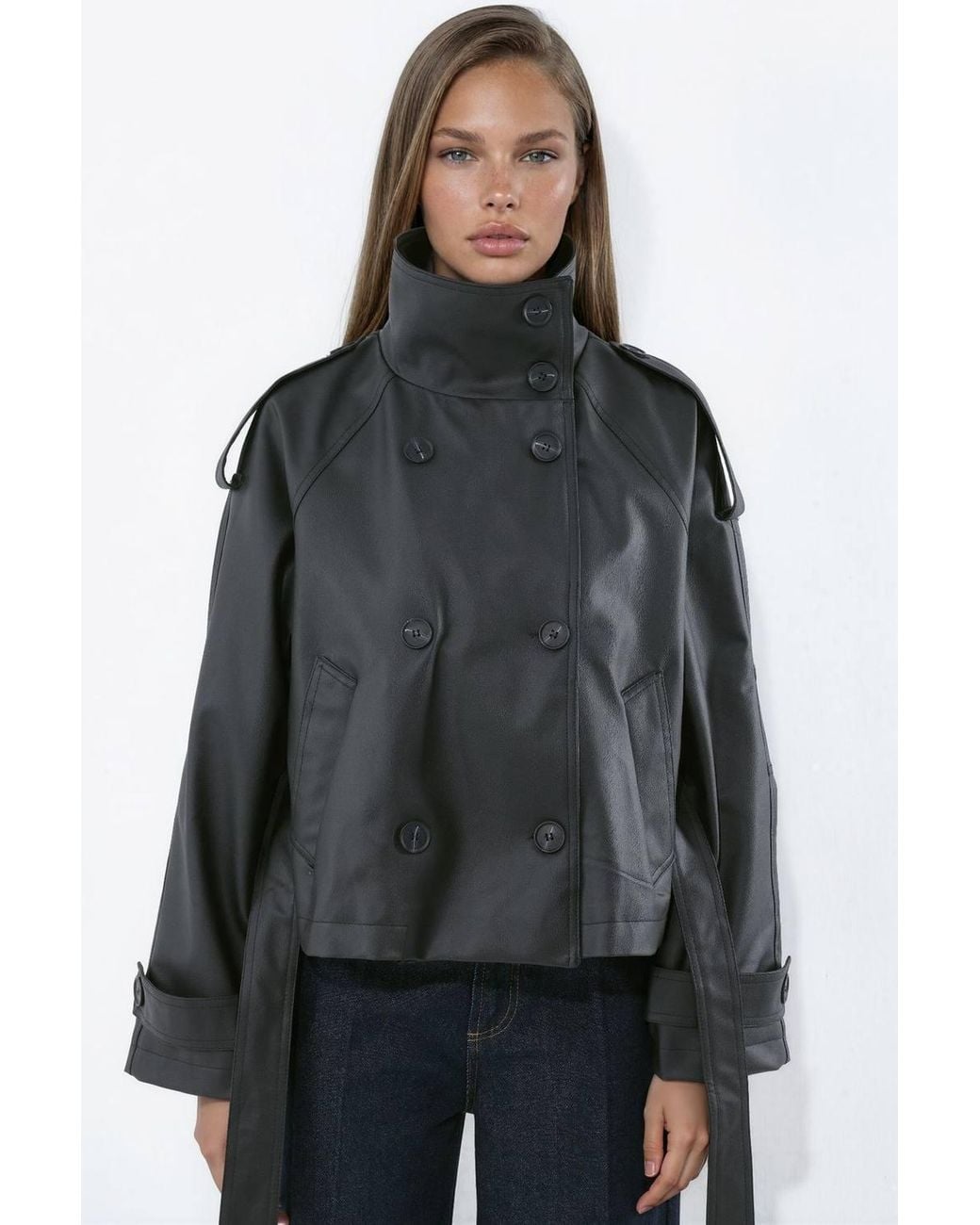 Hiccup Black Short Faux Leather Trench Coat