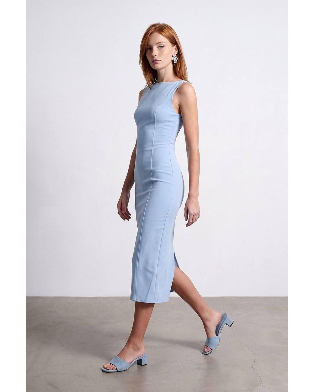 Dilvin Natural Sleeveless Midi Bodycon Dress With Slit