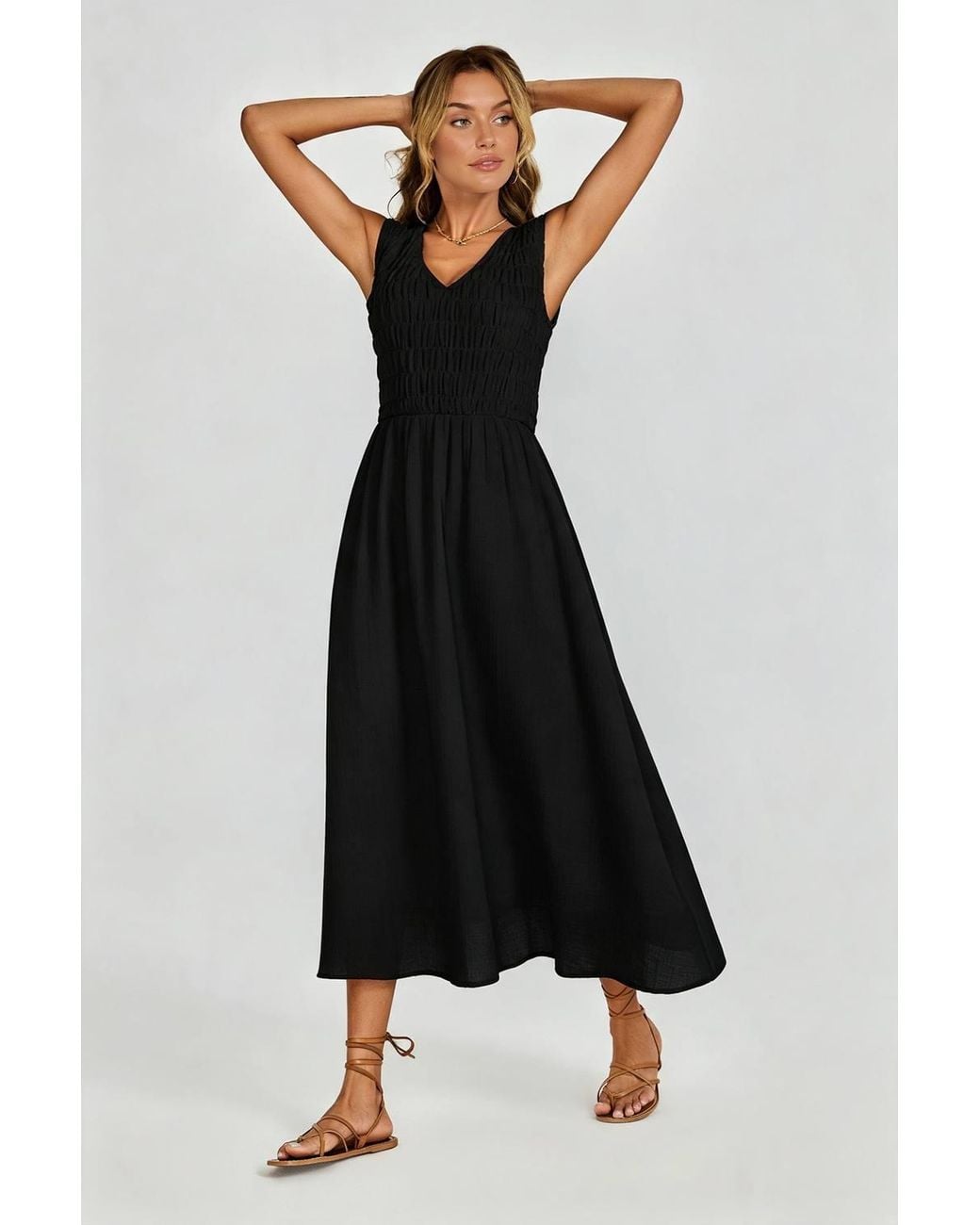 FS Collection Black Sleeveless Shirred Bodice Midi Dress