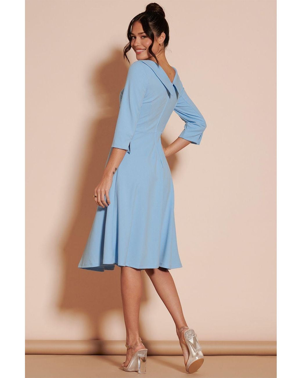 Jolie Moi Blue Fold Neckline Sleeved Midi Dress