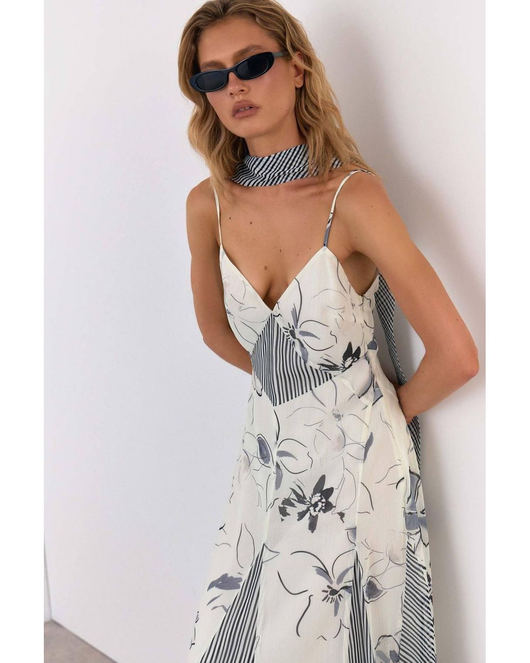Warehouse Gray Print Mix Tie Neck Chiffon Panelled Maxi Dress