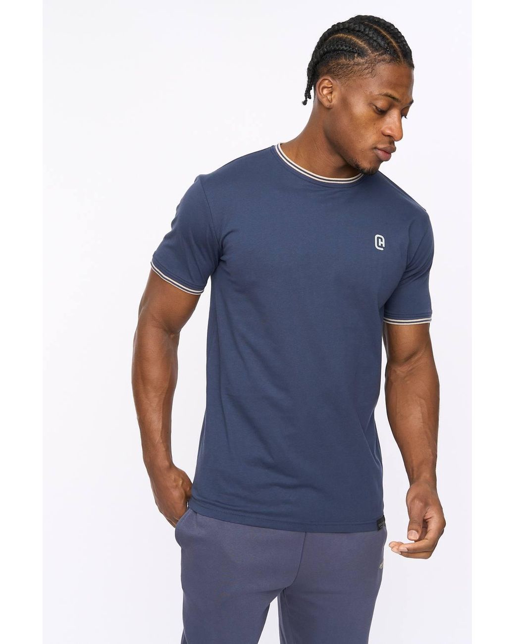 Crosshatch Blue Preece Crew Neck Cotton T-Shirt With High Build Logo Print for men