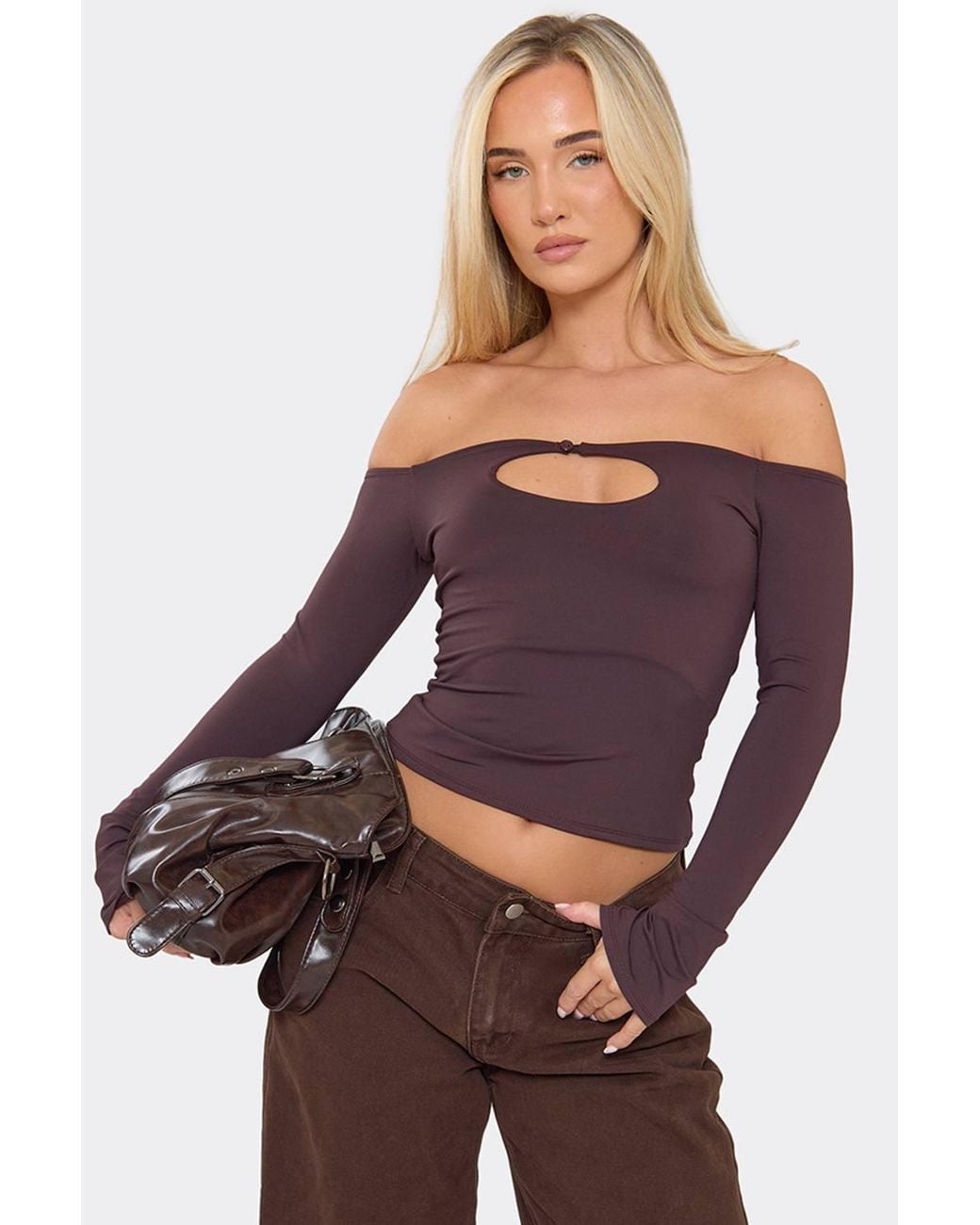 EGO Brown Long Sleeve Button Off-The Shoulder Cut Out Top