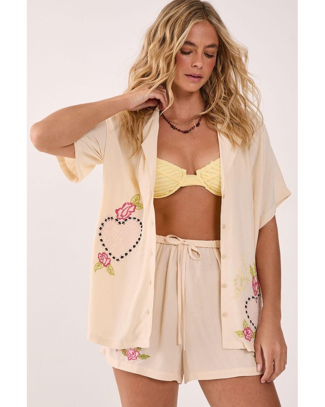 Nasty Gal Natural Cross Hatch Heart Embroidered Resort Shirt