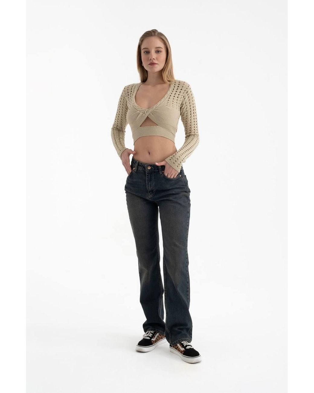 Hiccup Natural Scoop Neck Knitted Cut Out Long Sleeve Crochet Blouse
