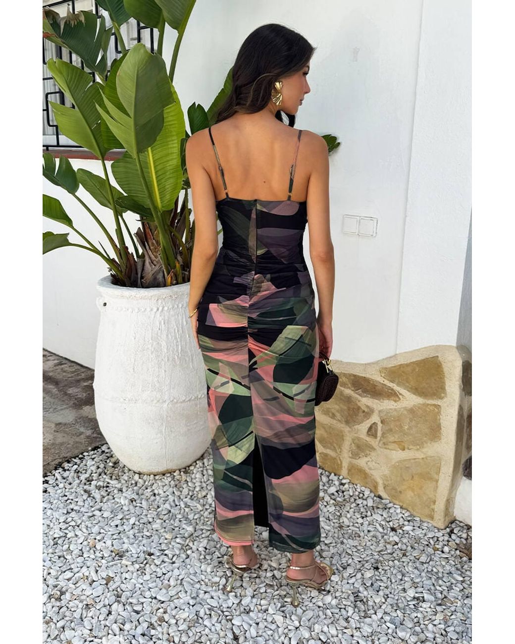 AX Paris Multicolor Multi Leaf Print Strappy Knot Detail Mesh Midi Dress