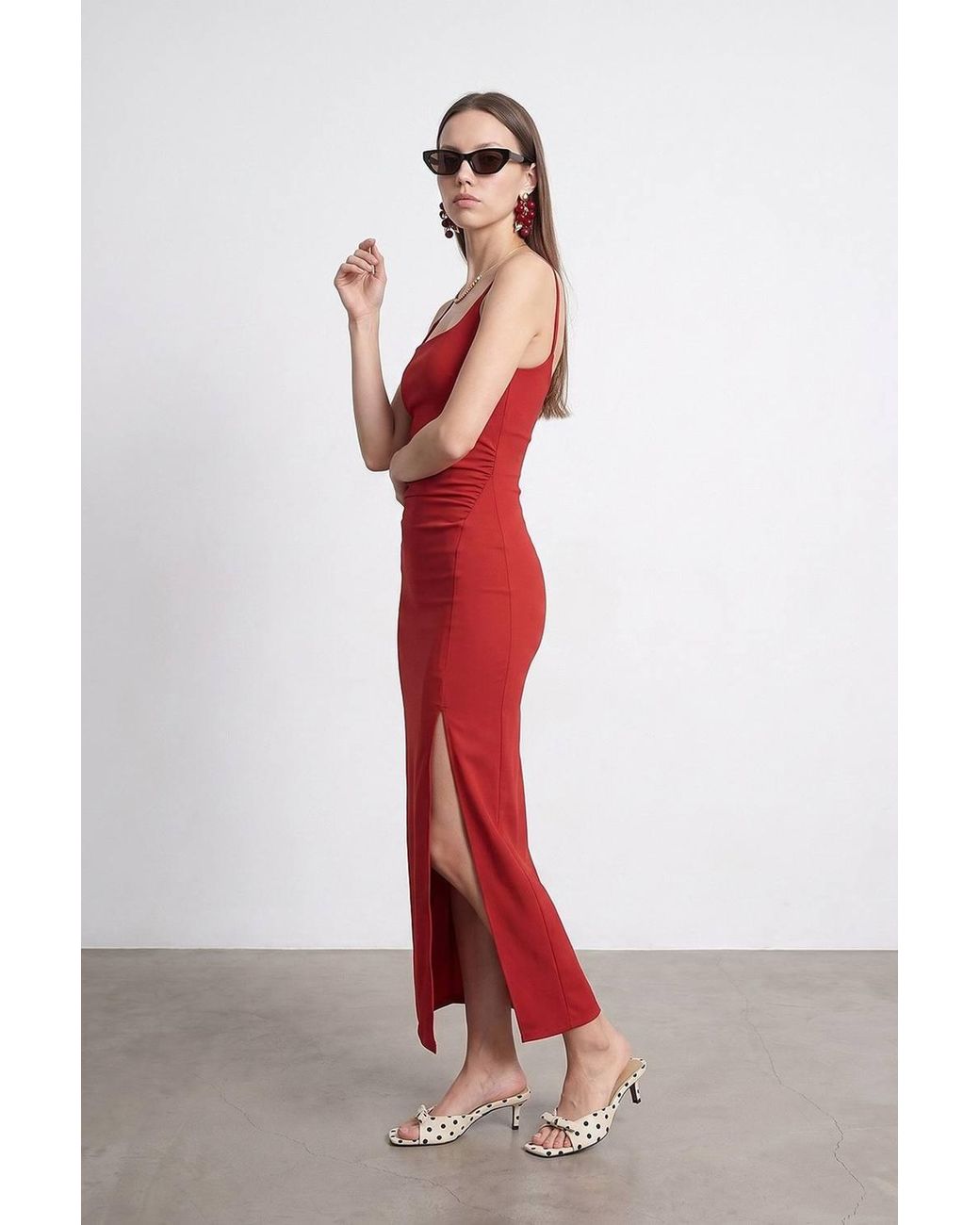 Dilvin Red Sleeveless Bodycon Midi Dress