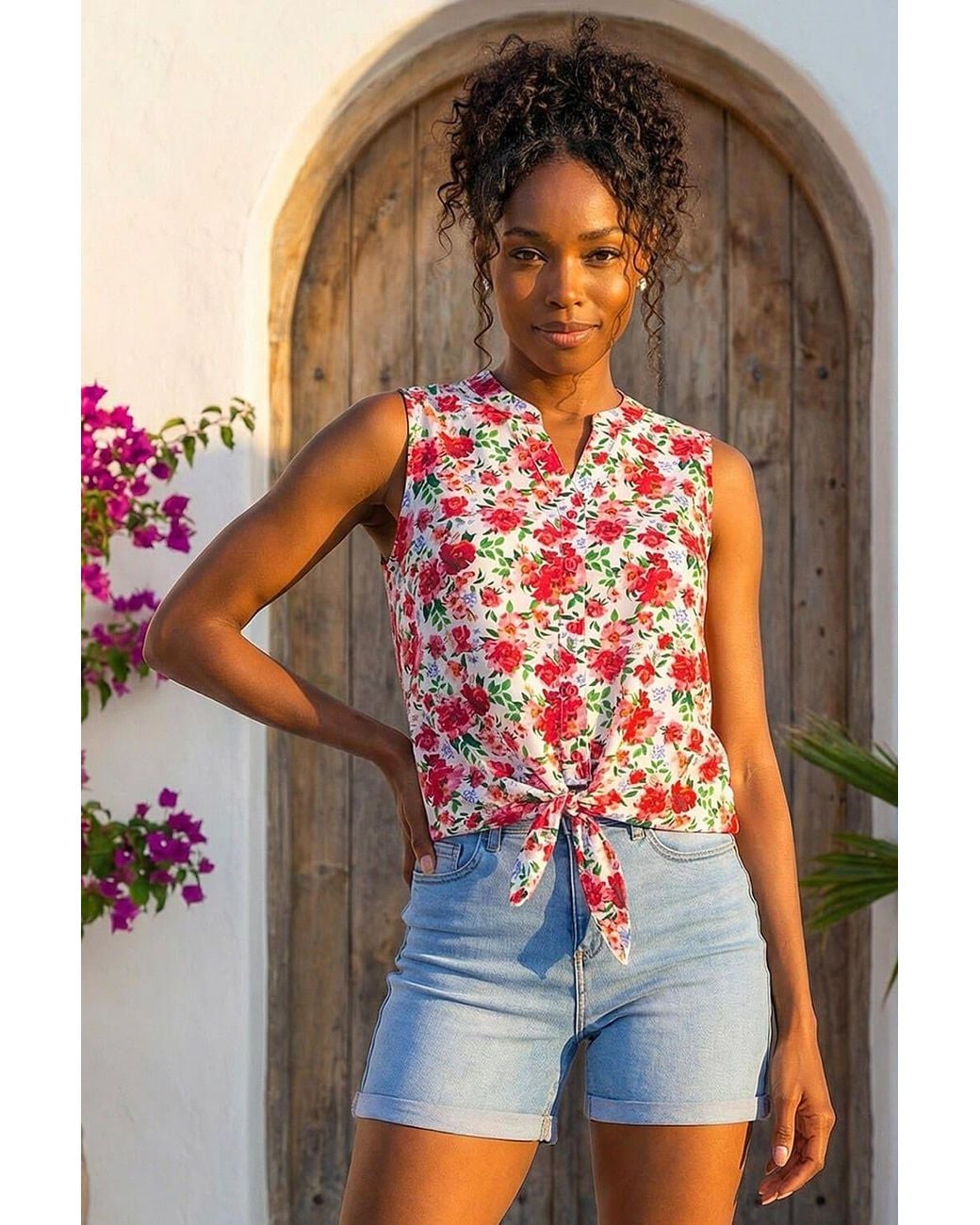 Roman Red Floral Tie Front Blouse