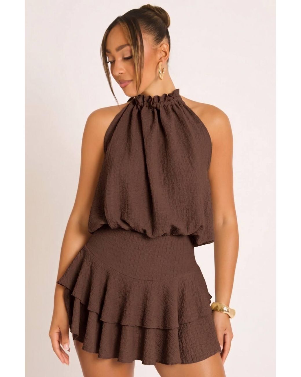 Rebellious Fashion Brown Textured Flippy Playsuit
