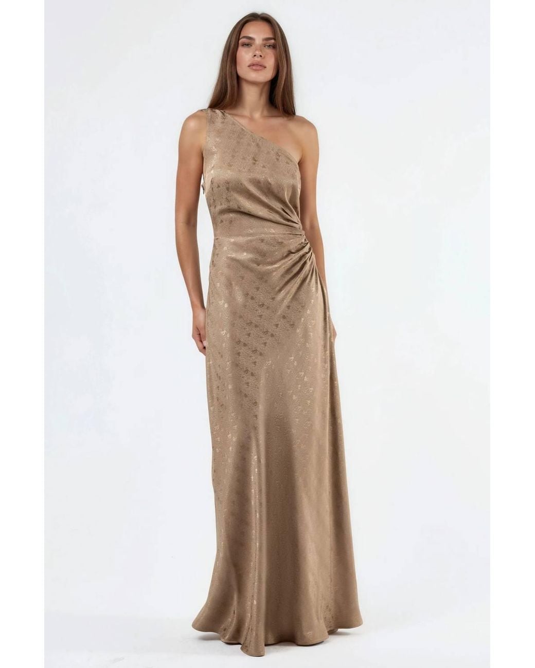 Hiccup Brown Patterned One-Shoulder Satin Dress With Cut-Out Detail