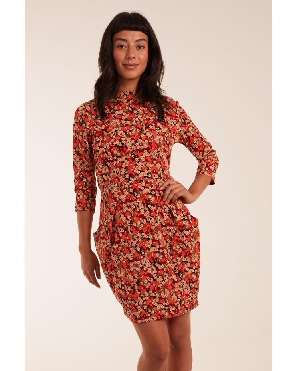 Blue Vanilla Red High Neck 3/4 Sleeve Dress With Belt