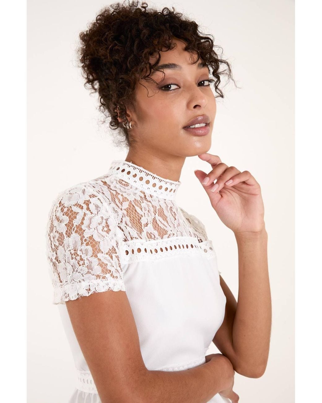 Blue Vanilla White Lace Trimmed Peplum Top