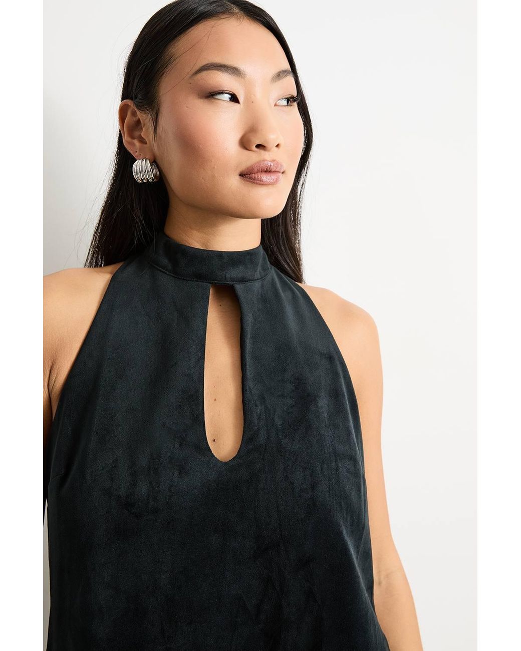 Warehouse Black Petite Bonded Velvet High Neck Mini Dress