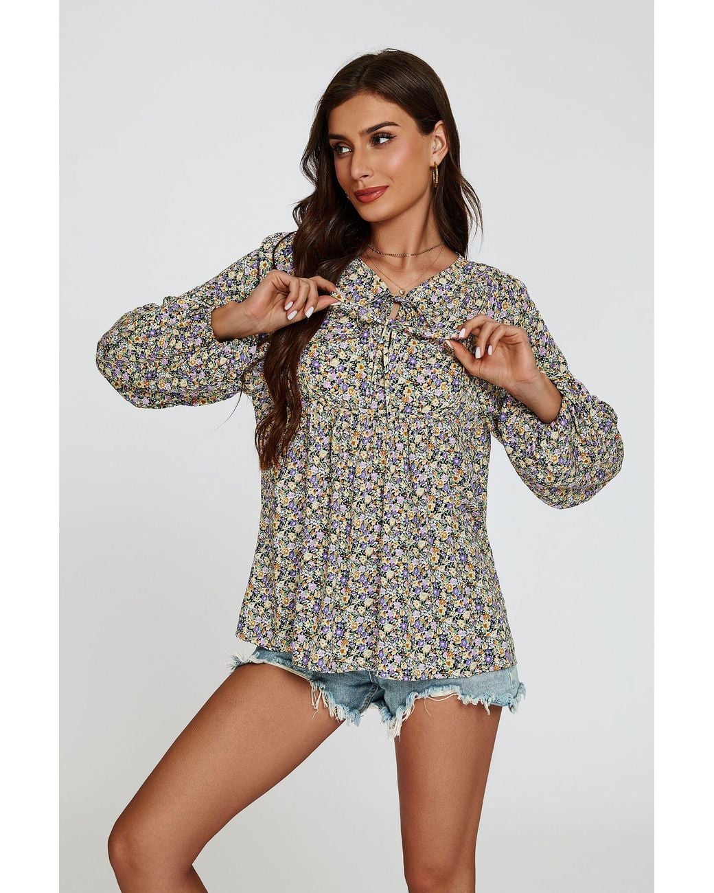 FS Collection Purple Floral Print Long Sleeve Blouse Top