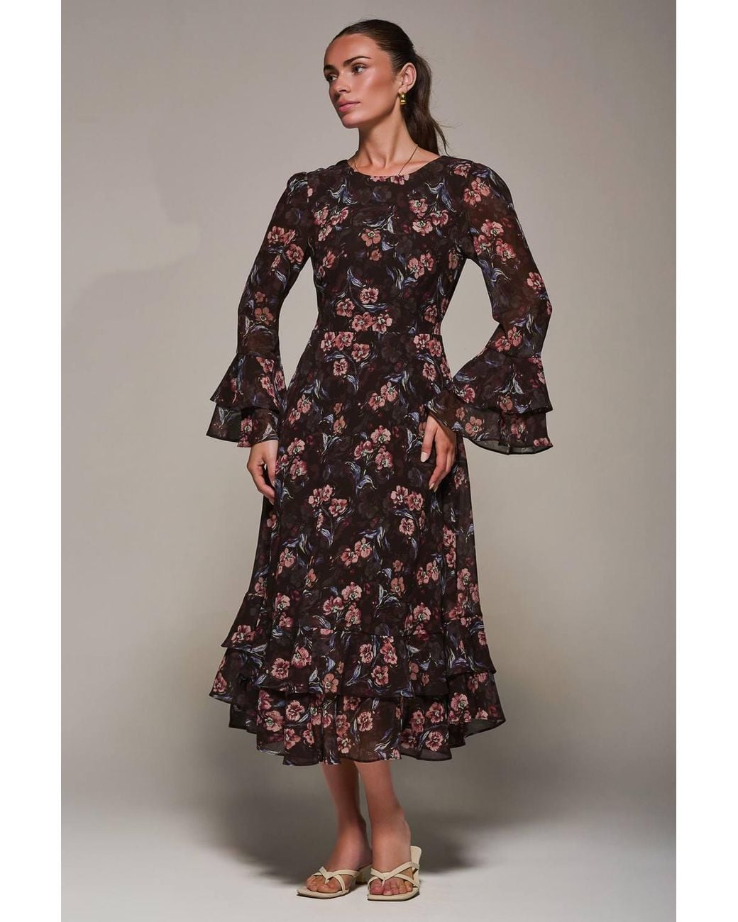 Jolie Moi Brown Long Sleeve Chiffon Frill Midaxi Dress