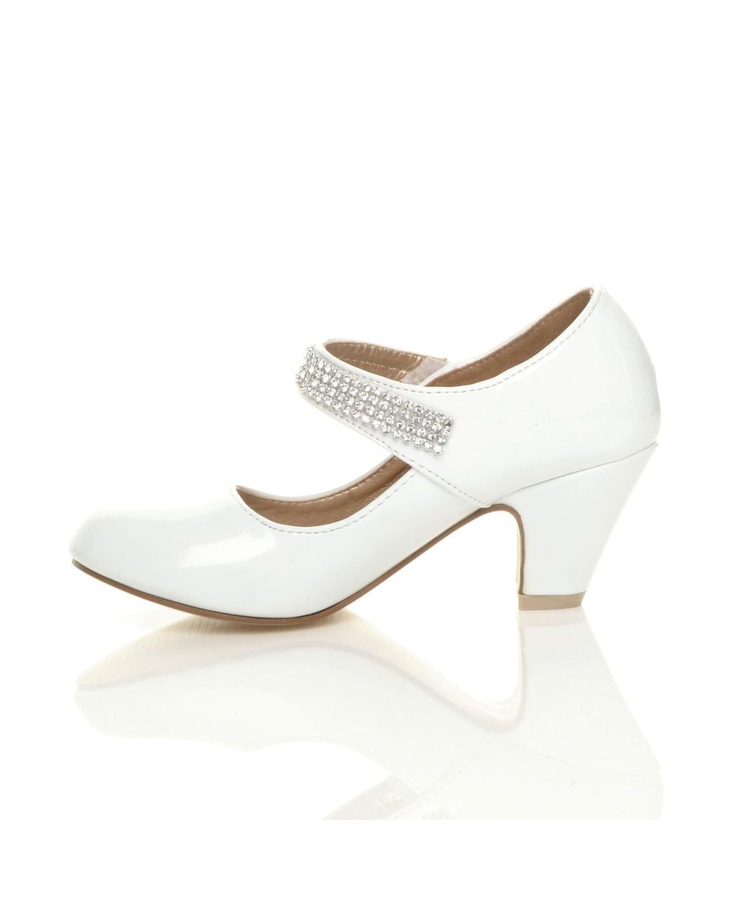 AJVANI White Mid Block Heel Patent Mary Janes