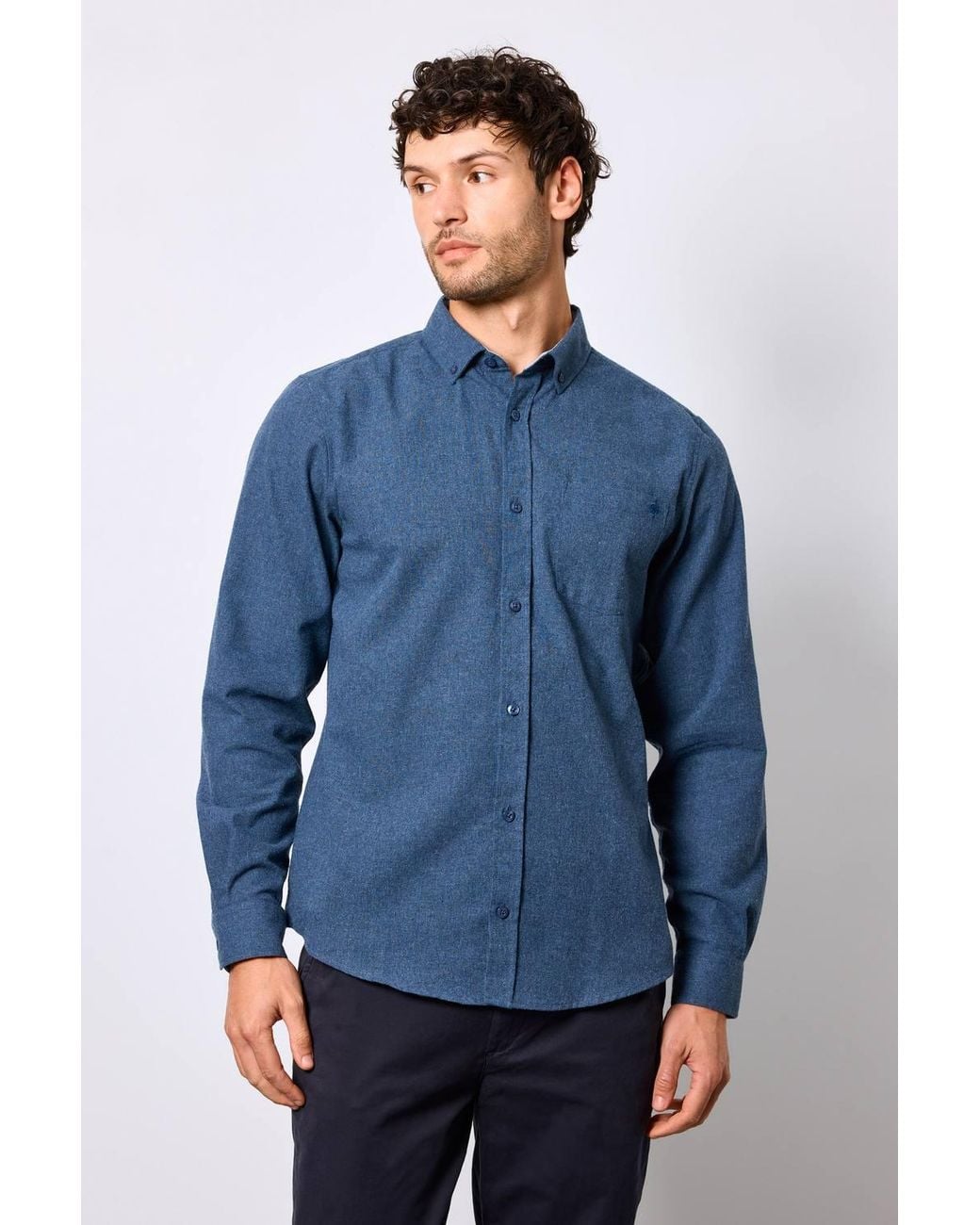 MAINE Blue Brushed Cotton Long Sleeve Shirt for men
