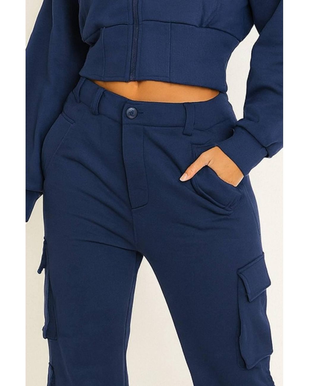 Stylewise Blue Cropped Zip Sweatshirt & Cargo Trouser Tracksuit Co-Ord