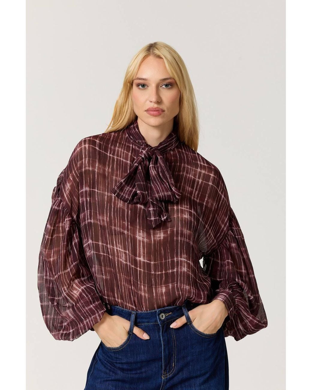 Liquorish Red Check Tie Neck Blouse