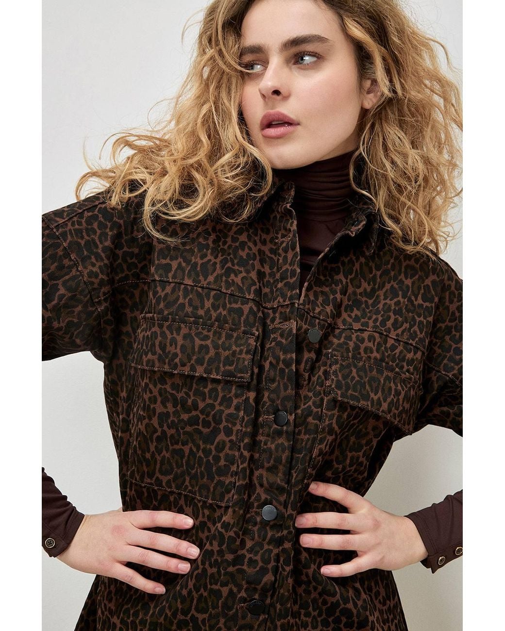 Apricot Brown Leopard Denim Shacket Mini Dress