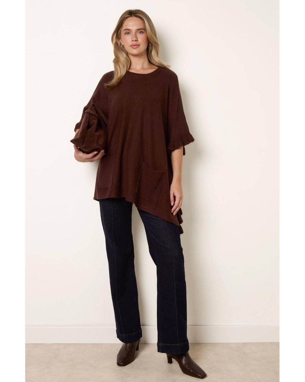 Blue Vanilla Brown Sleeveless Round Neck Poncho