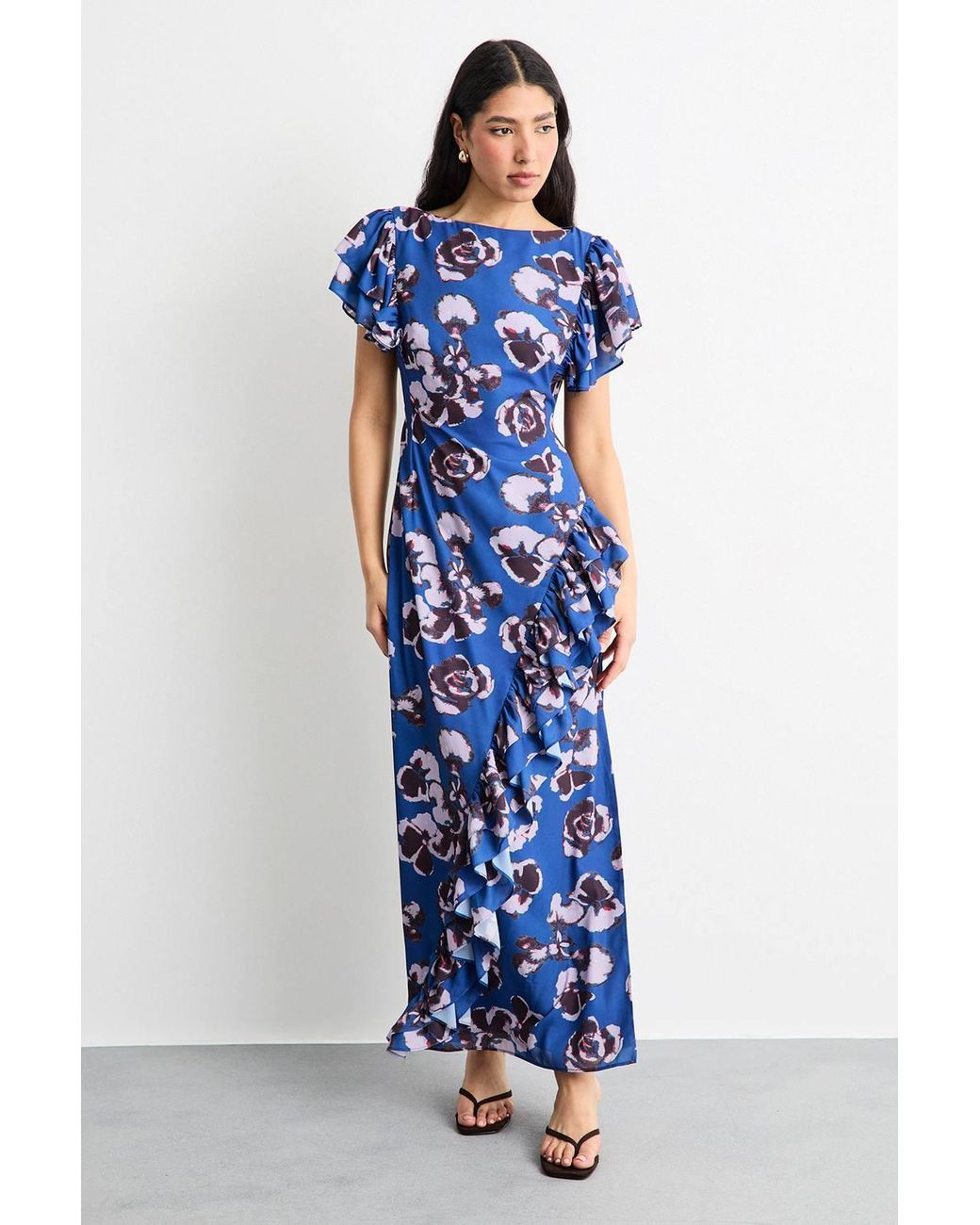 Warehouse Blue Side Split Ruffle Detail Maxi Dress