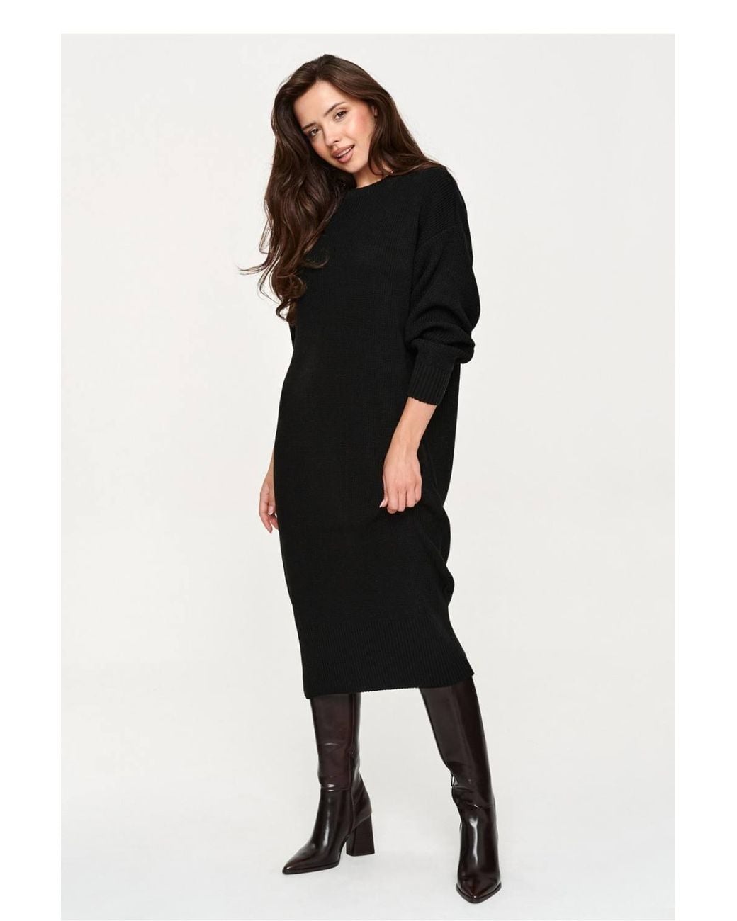 Love Lace Black Knitted Round Neck Long Sleeve Jumper Dress