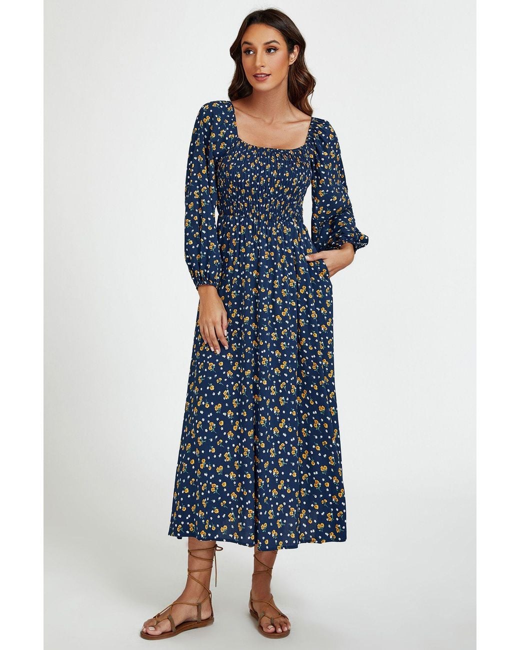 FS Collection Blue Print Square Neck Midi Dress With Long Sleeves