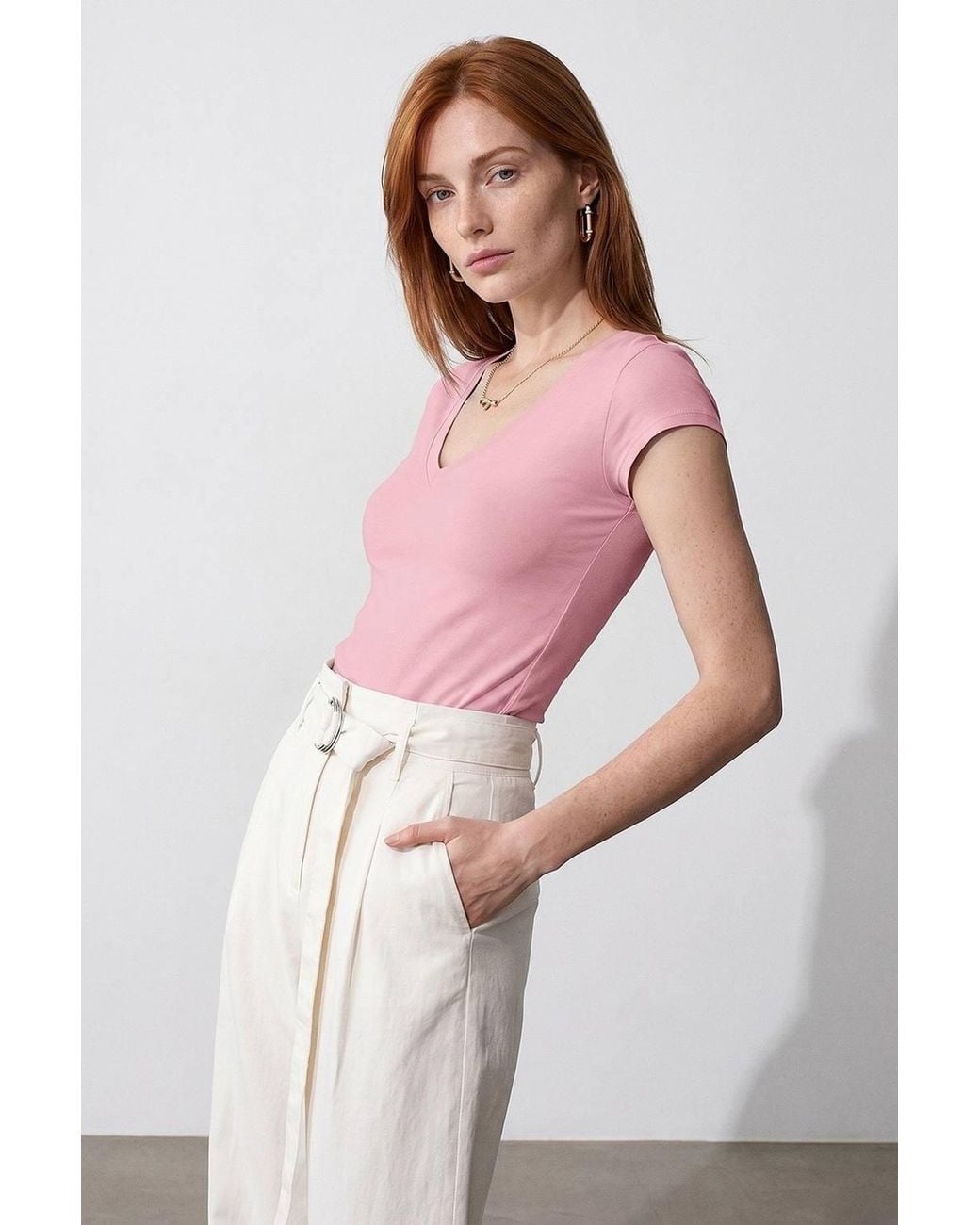 Dilvin Pink Slim Fit V-Neck Jersey Blouse