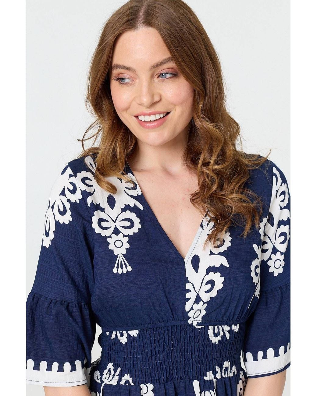 Izabel London Blue Ikat Print 1/2 Flared Sleeve Midi Dress
