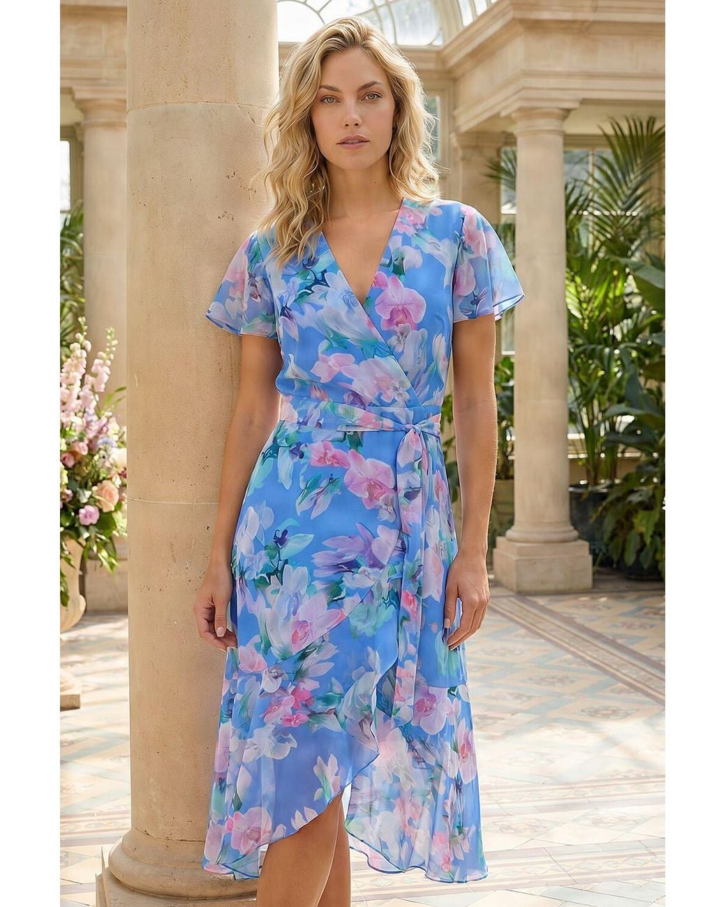 Roman Blue Floral Frill Detail Wrap Dress