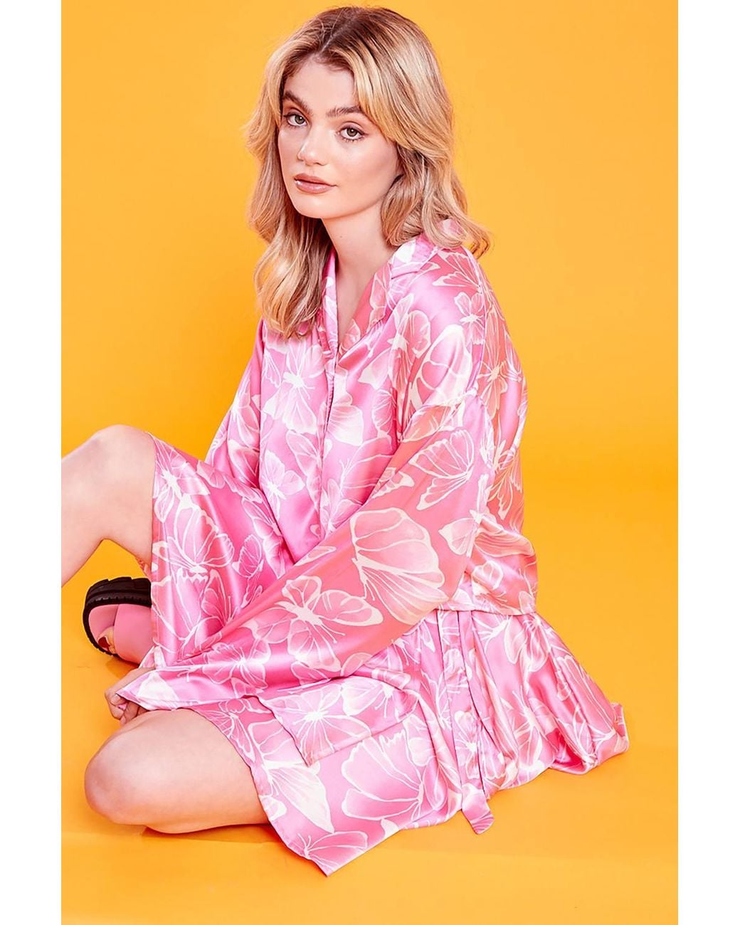 Neon Rose Orange Butterfly Print Satin Wrap Mini Skirt