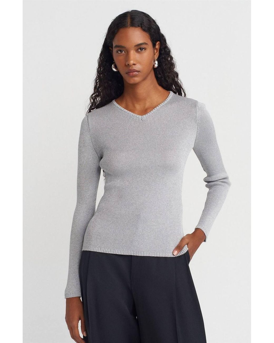 Dilvin Gray Slim Fit V-Neck Ribbed Sweater