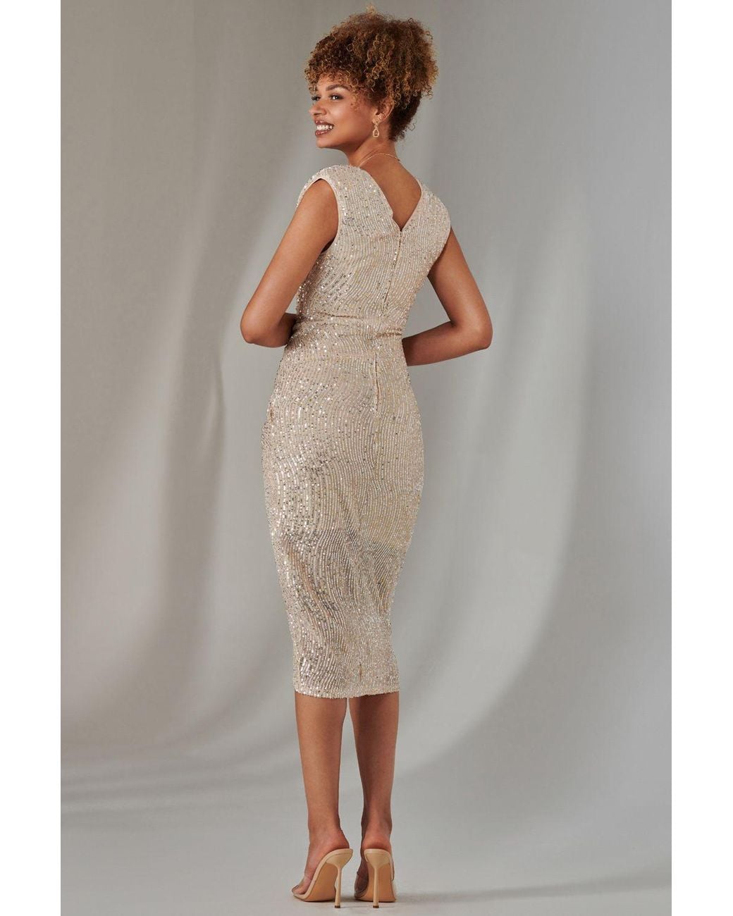 Jolie Moi Natural Aisla Ruched Sequin Bodycon Dress
