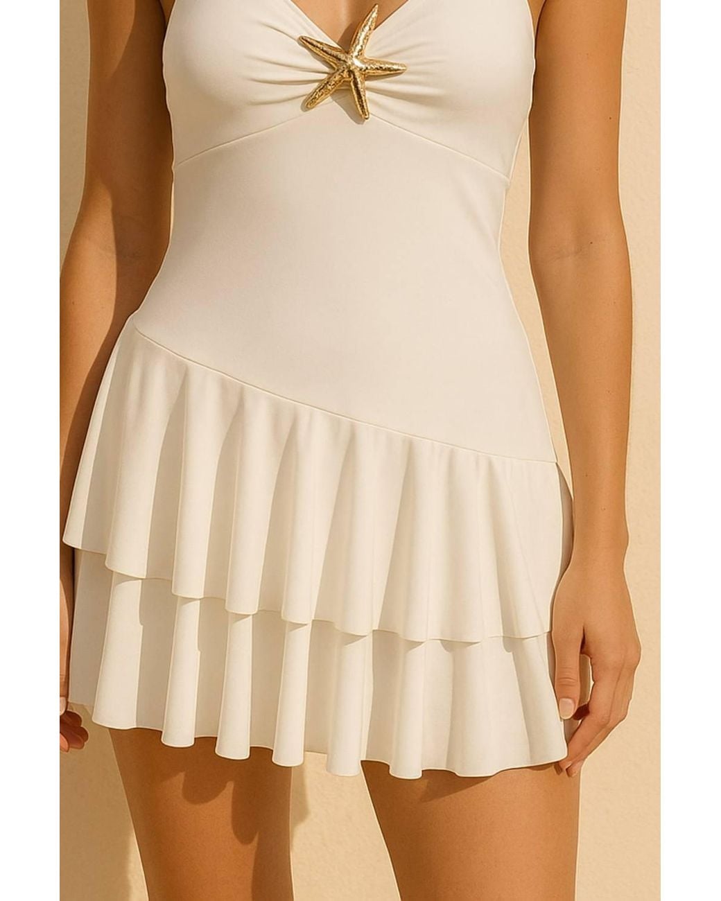 Stylewise Natural Halter Neck Slinky Frill Mini Dress