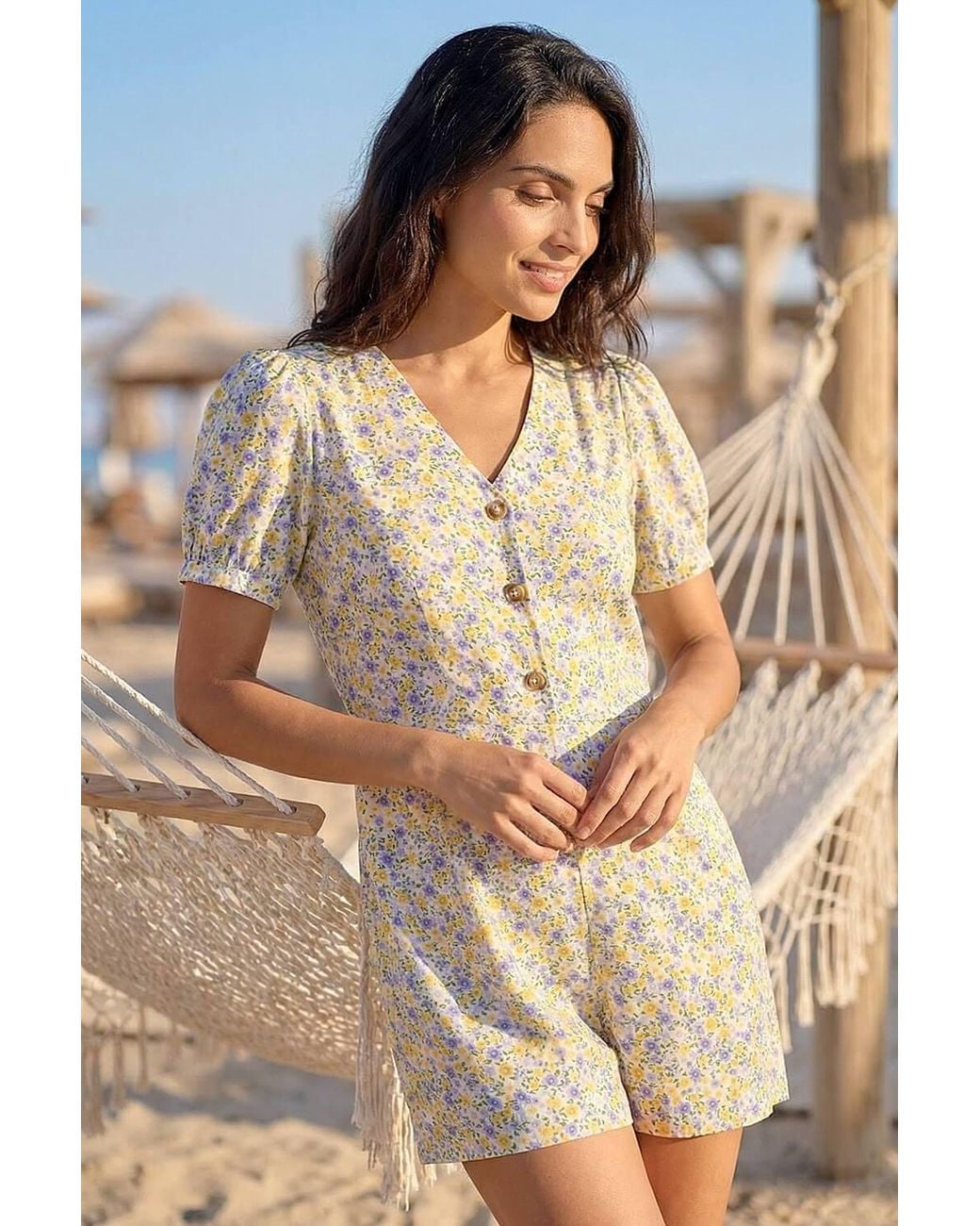 D.u.s.k Yellow Ditsy Floral Buttoned Playsuit