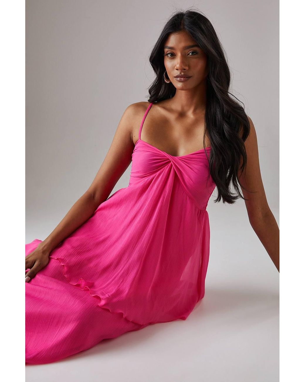 Warehouse Pink Chiffon Asymmetric Double Layer Bandeau Maxi Dress