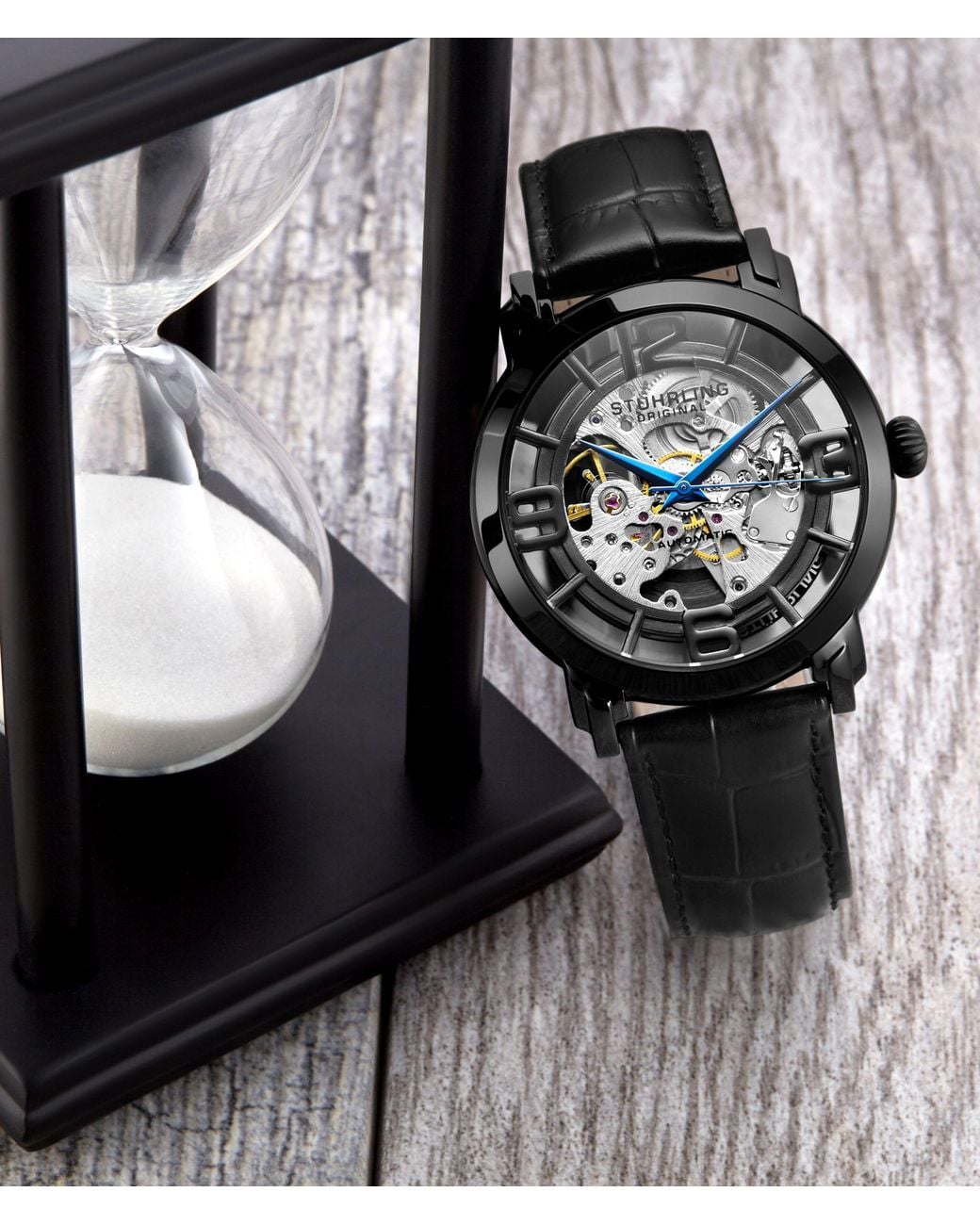 Stuhrling Black Winchester Automatic 42 Mm Skeleton Watch With Leather Band for men