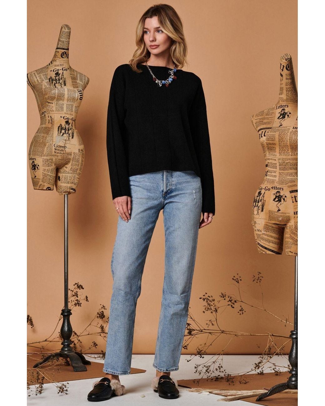 Jolie Moi Blue Round Neck Vertical Line Knit Top