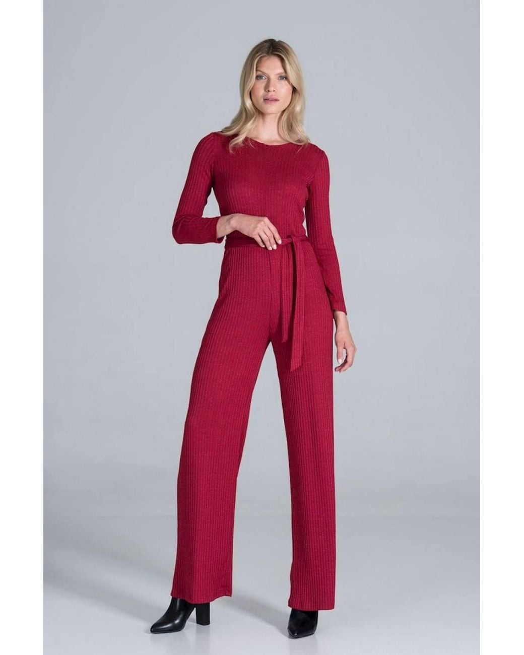 Love Lace Red Ribbed Knit Long Sleeve Wide Leg Jumpsuit