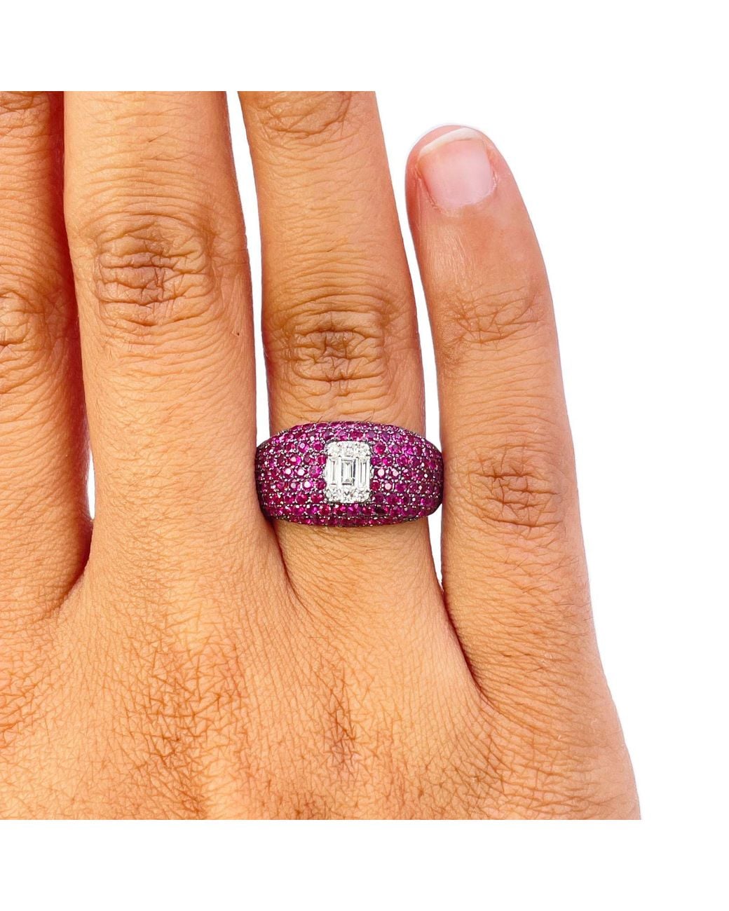 Raina Jewels Purple 18Ct Whitegold Ruby Baguette Diamond Cluster Cocktail Dome Ring 1.45Ct