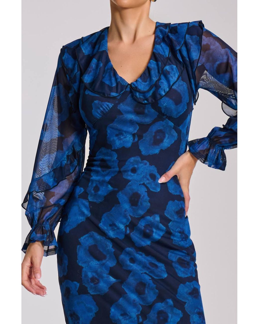 Jolie Moi Blue Long Sleeve Ruffle Detail Mesh Bodycon Dress