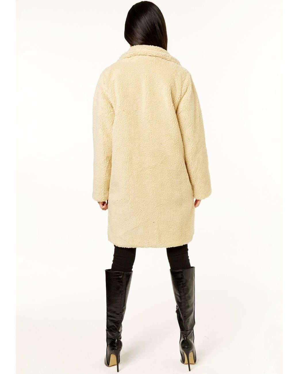Gini London Natural Faux Fur Longline Teddy Overcoat