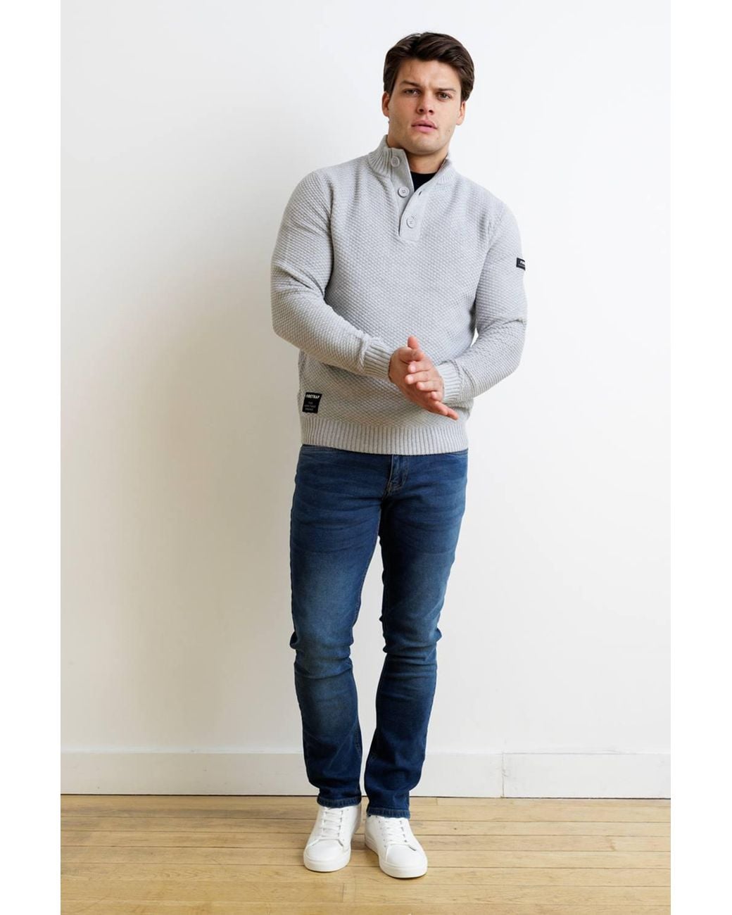 Firetrap Gray Cotton Rich Waffle Knit Funnel Neck Jumper With Buttons for men